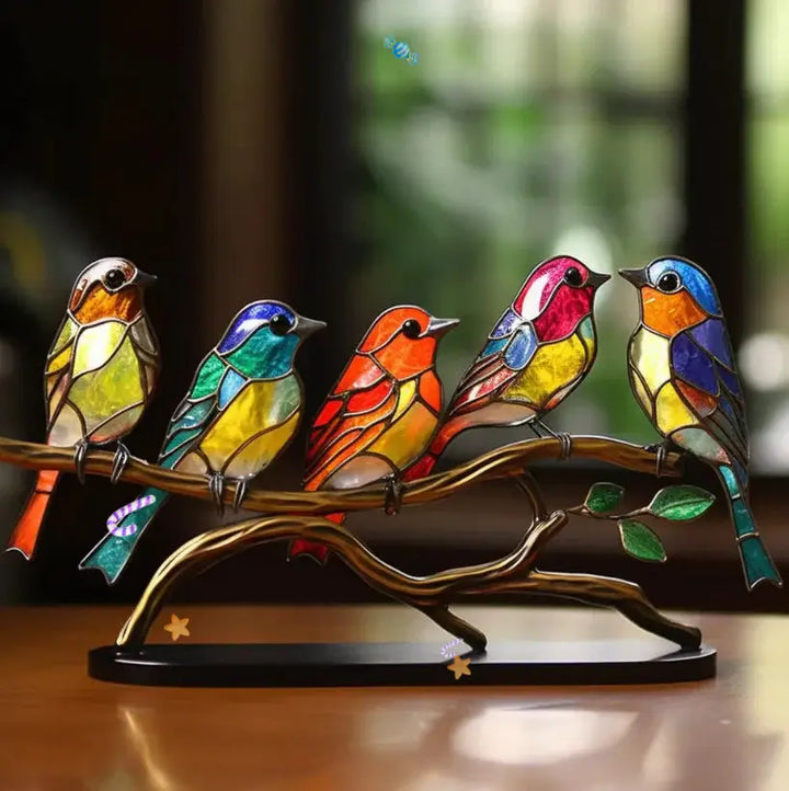 Vibrant stained glass bird window decor reflects colorful light, enhancing interiors. Perfect nature-inspired home accent.