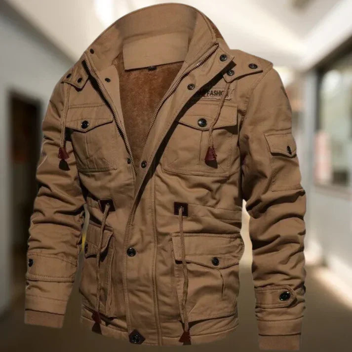 Stylish men's military-style hooded jacket for autumn & winter. Durable, versatile outerwear with functional design.