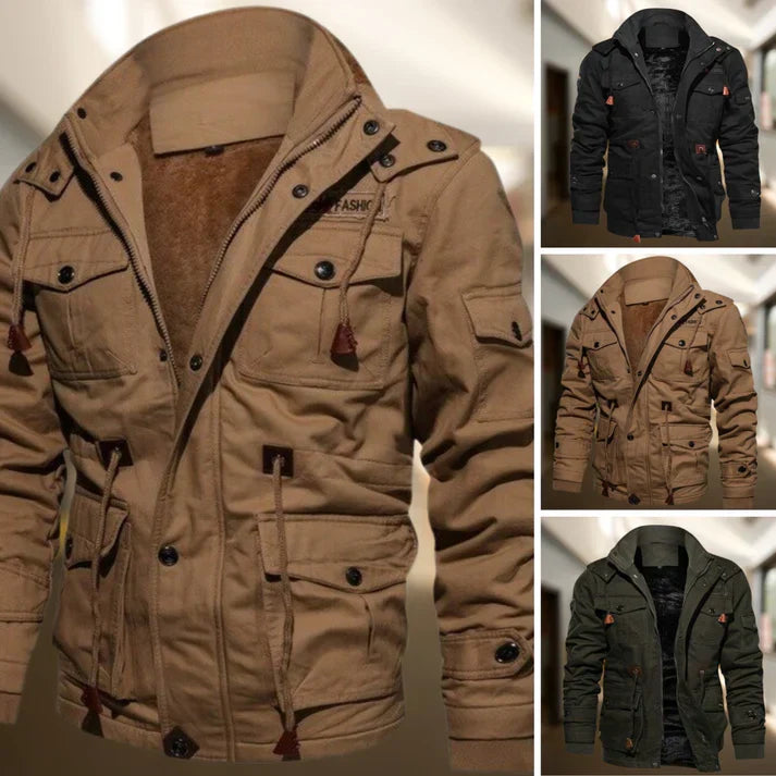 Front view of a dark men's hooded military jacket. Versatile casual outerwear, great for autumn, winter, and utility.