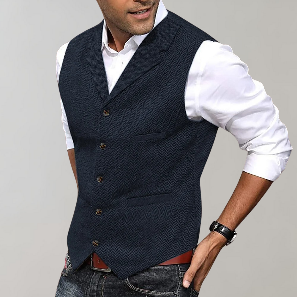 Versatile men's formal waistcoat for layering; suitable for business, wedding, party, or smart casual occasions.