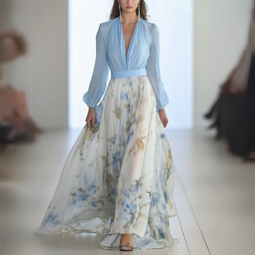 Elegant women's flowy floral print maxi dress. Comfortable & stylish for summer fashion or special occasions.