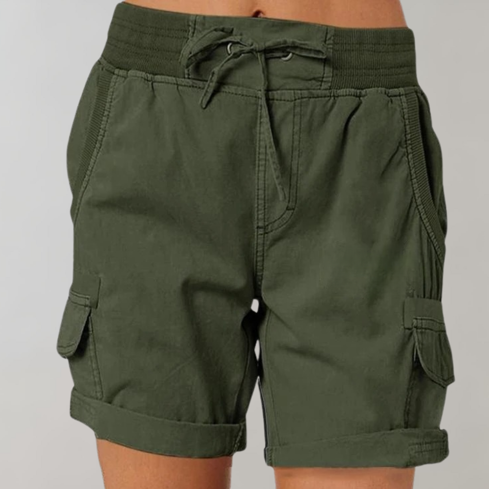 Versatile women's utility cargo shorts with a high waist and comfortable ribbed fit, ideal for active summer days.
