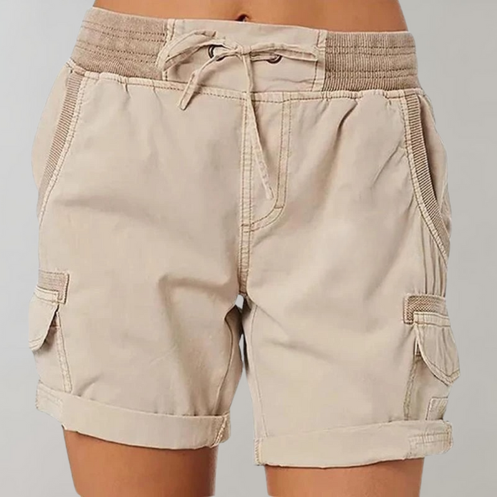 Women's high waist cargo shorts with multiple utility pockets, elastic ribbed waist, and comfortable fit for casual wear.