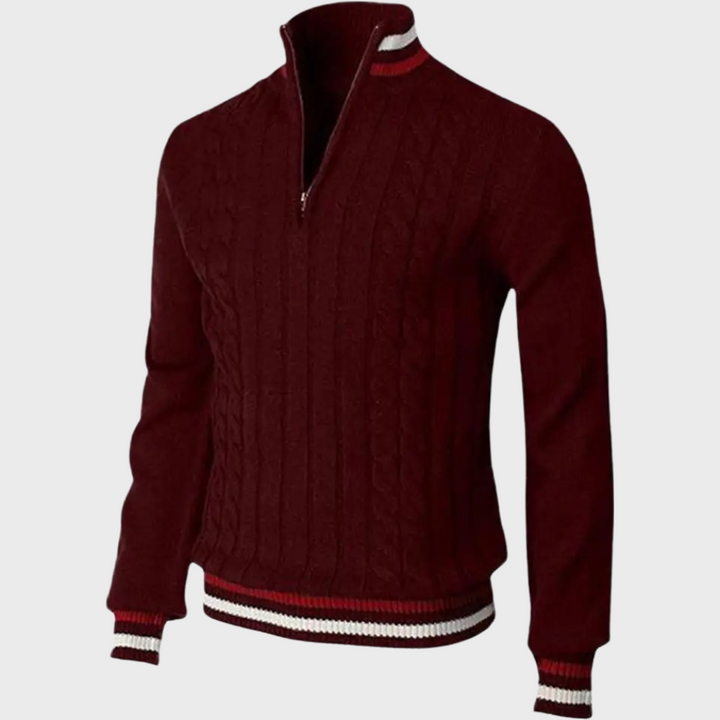 Detail of a comfortable men's half zip pullover sweater, showcasing its quality texture for versatile casual wear.