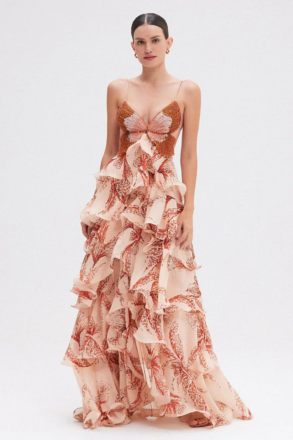 Lightweight women's ruffle dress for summer. Flowy, feminine, and ethereal, ideal for elegant parties or vacation.
