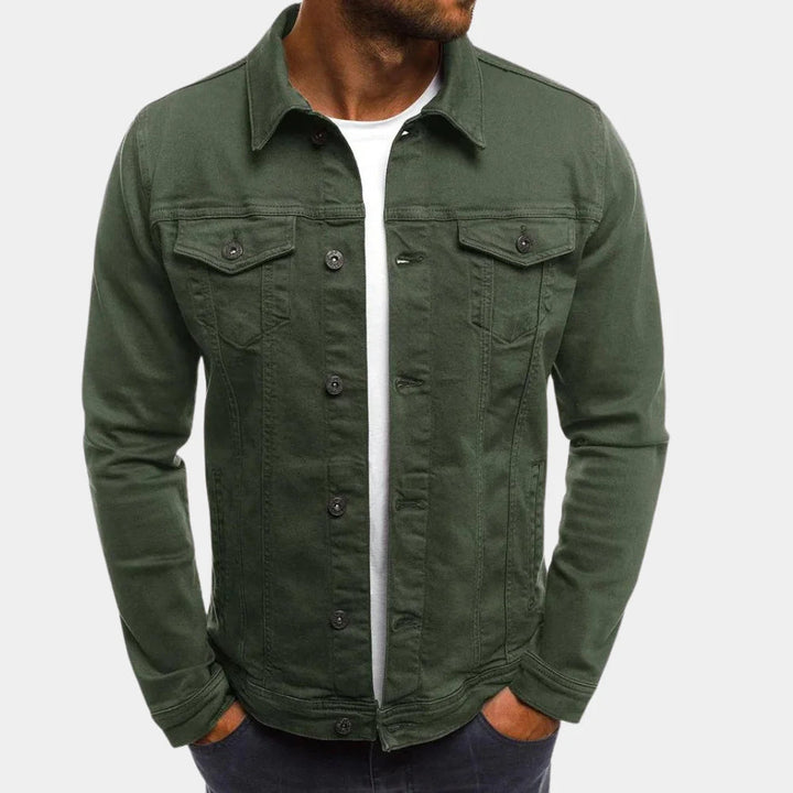 New men's regular fit denim jacket, offering everyday comfort and a classic look for spring and fall.