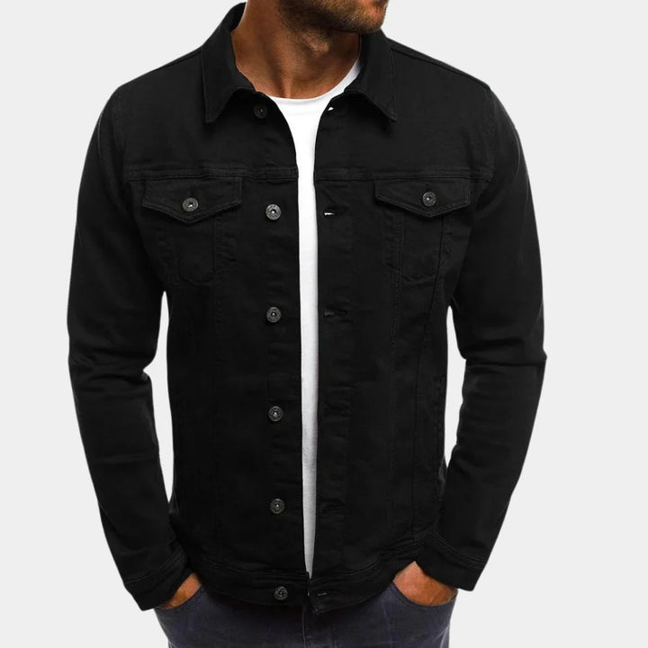 Stylish men's denim jacket, an essential outerwear for a modern casual look and effortless fashion.