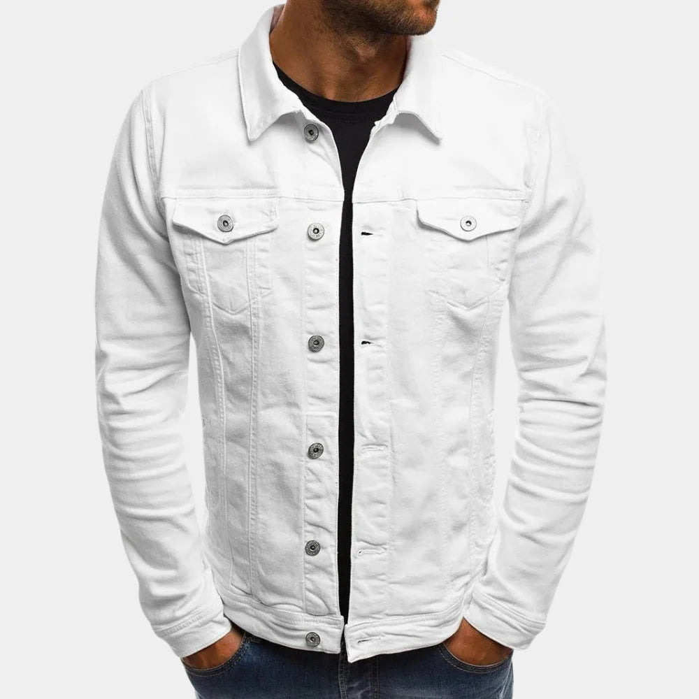 Versatile men's blue denim jacket, ideal for casual outfits and a timeless addition to any wardrobe.