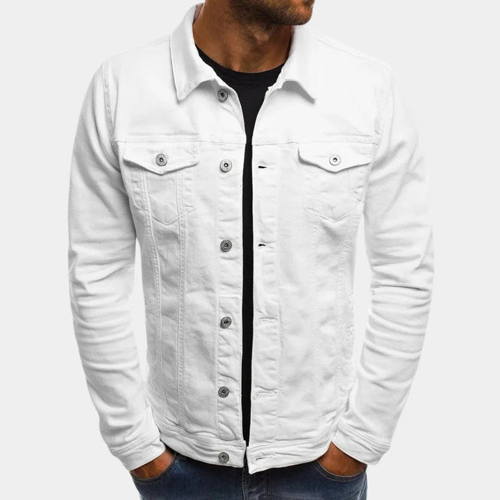 Versatile men's blue denim jacket, ideal for casual outfits and a timeless addition to any wardrobe.