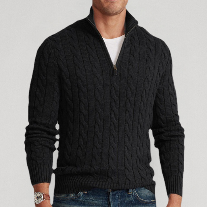 Men's classic quarter-zip cable knit sweater. Stylish, comfortable, and perfect for layering in winter.