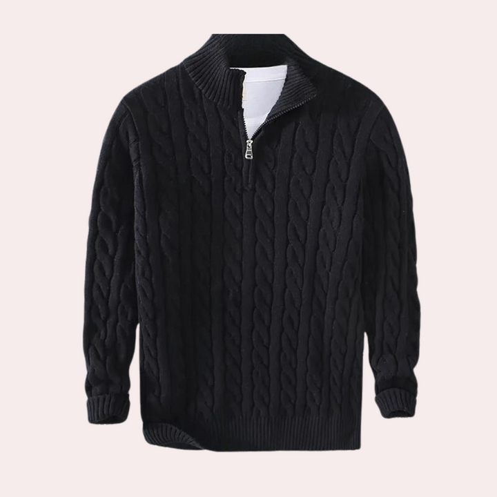 Men's stylish quarter-zip cable knit pullover sweater with mock neck, perfect for men's winter fashion.