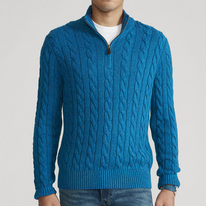 Stylish men's quarter-zip cable knit pullover, ideal for casual wear or smart layering in cool weather.