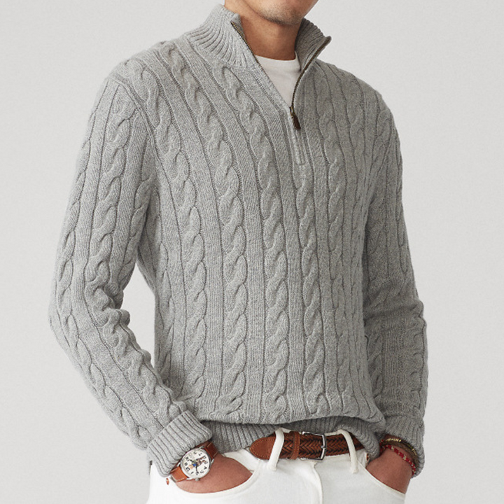 Warm & comfortable men's quarter-zip cable knit sweater. A classic pullover for winter layering & style.