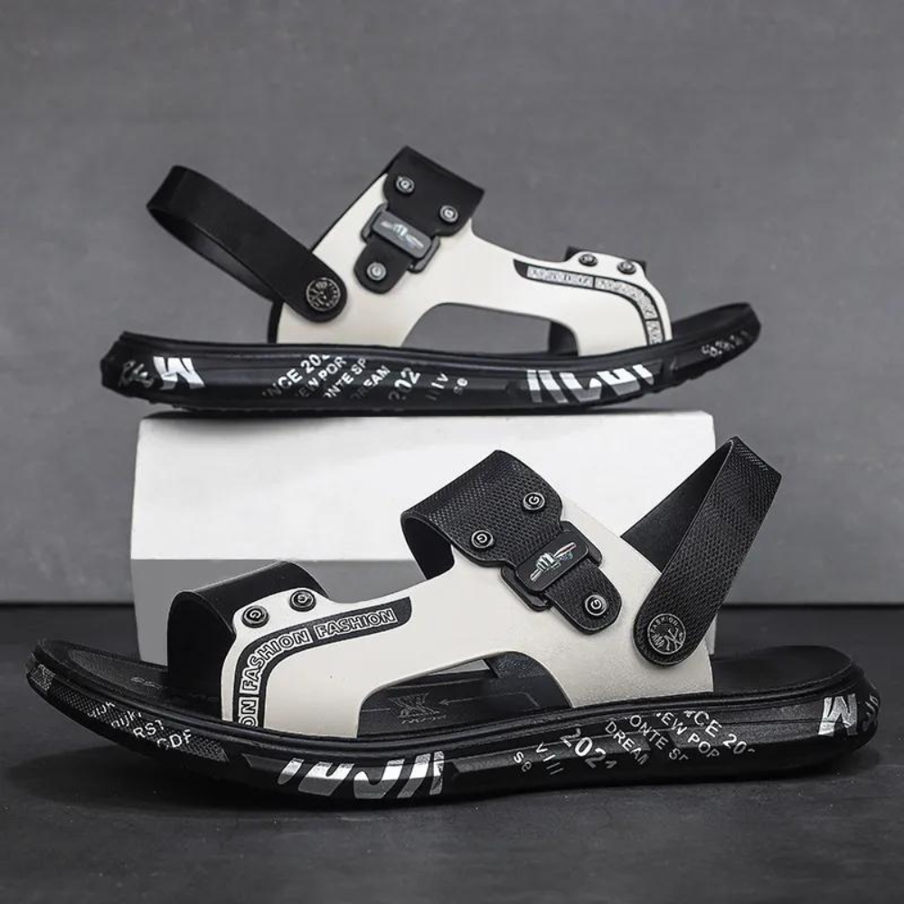Adjustable strap men's sandals with urban buckle design & cushioned footbed. Ideal comfortable summer travel footwear.