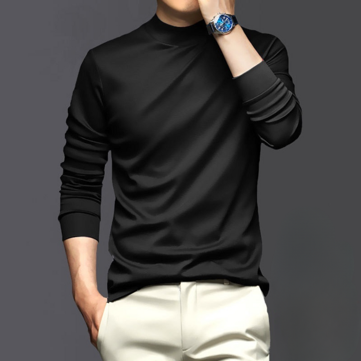 Men's slim-fit mock neck long sleeve top in black, perfect for stylish casual wear & everyday comfort.