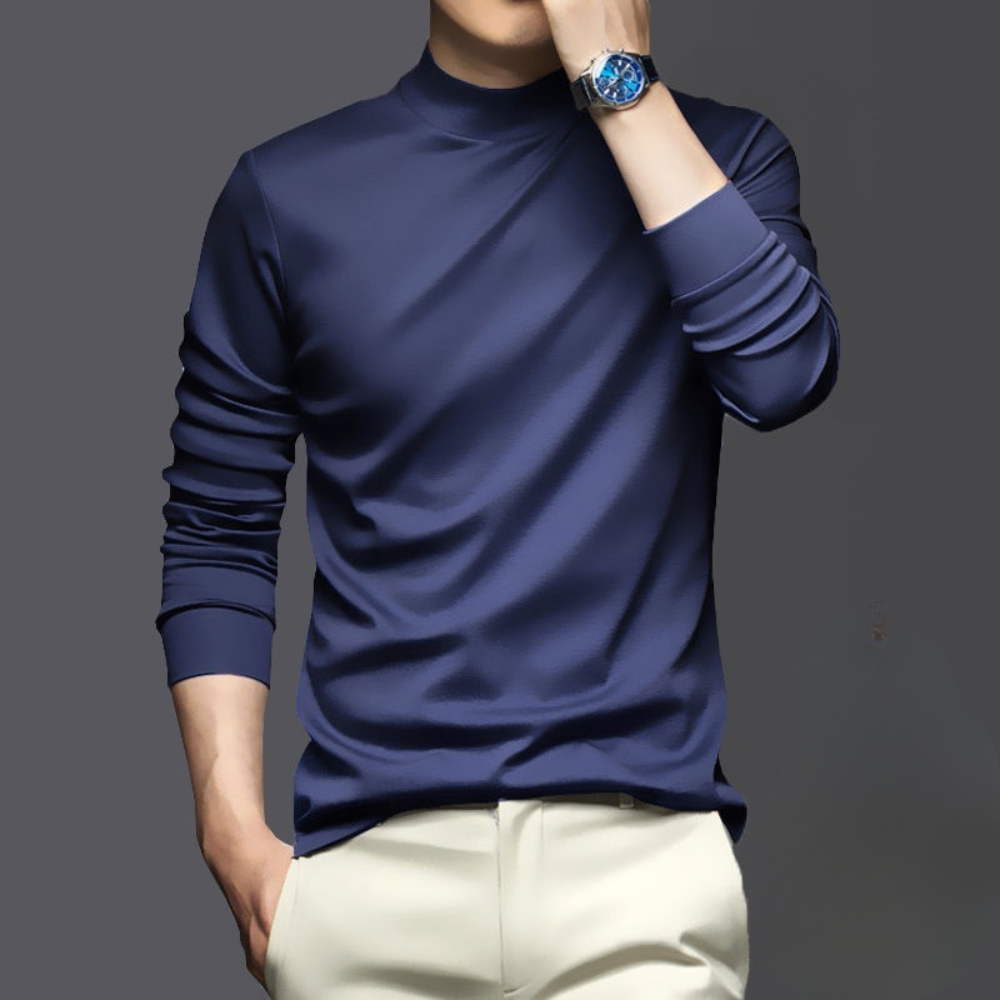 Sleek men's slim-fit mock neck long sleeve t-shirt, offering both style and everyday comfort for men's fashion.