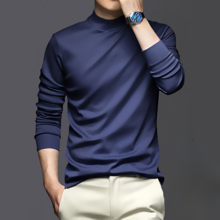Sleek men's slim-fit mock neck long sleeve t-shirt, offering both style and everyday comfort for men's fashion.