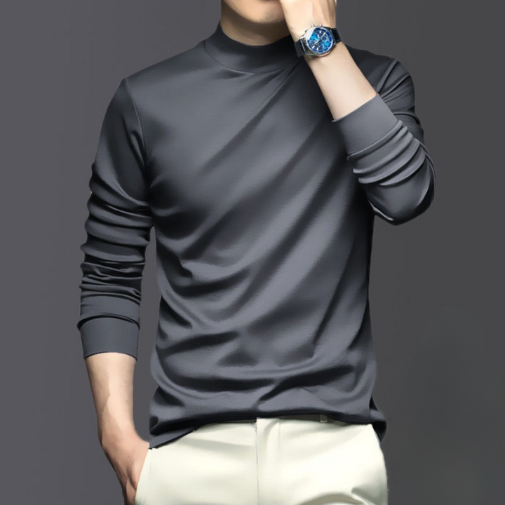 Stylish men's slim-fit long sleeve top with a mock neck, ideal for versatile fashion & casual outfits.