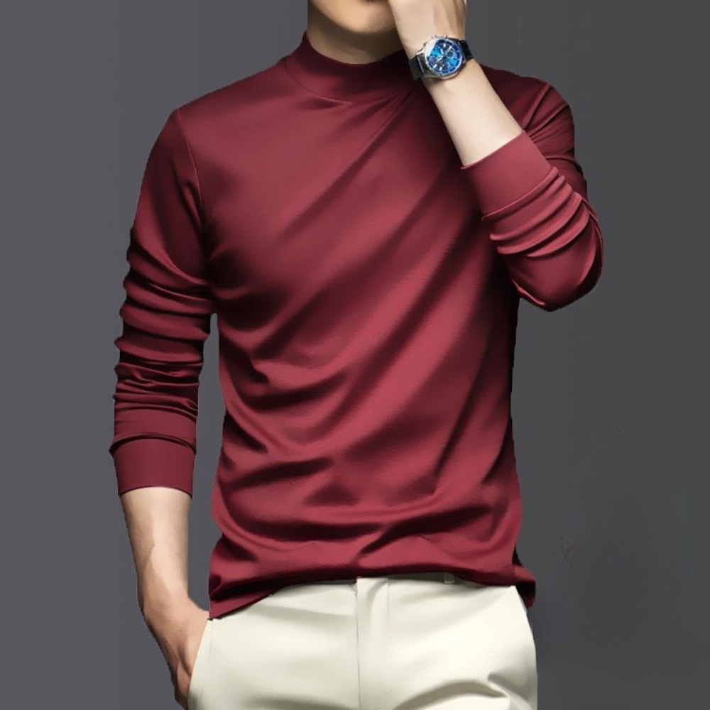 Comfortable men's mock neck long sleeve top, slim-fit design with ribbed cuffs for a sleek, modern look.