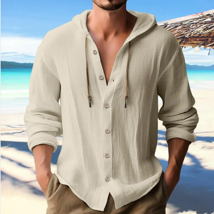 Stylish men's hooded long sleeve button-down shirt. Relaxed fit for spring/fall casual wear.