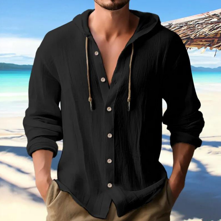 Men's casual hooded long sleeve shirt, relaxed fit for versatile everyday style & layering.