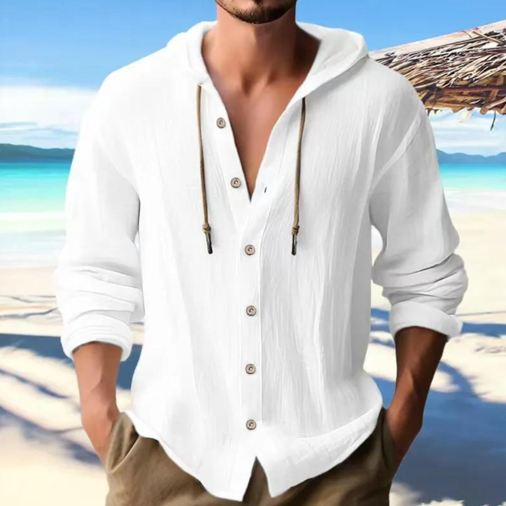 Relaxed fit men's hooded long sleeve button-down shirt, perfect for casual spring & fall outfits.
