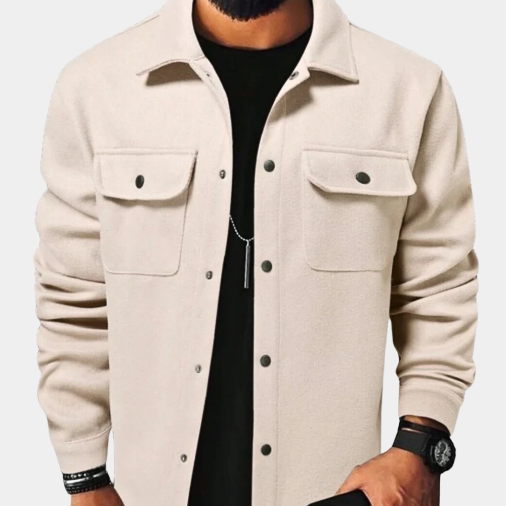 New men's stylish button-down jacket. Modern casual outerwear, great for autumn layers & smart-casual looks.