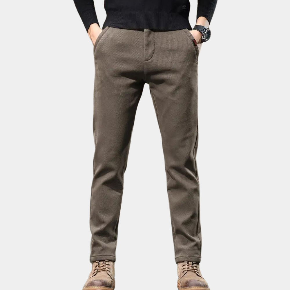 Men's slim fit tapered stretch trousers in a versatile, modern style. Perfect for smart casual or everyday wear.
