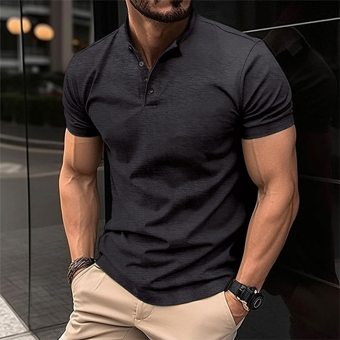 Stylish men's short sleeve polo with a button neck, ideal for a smart casual summer look.