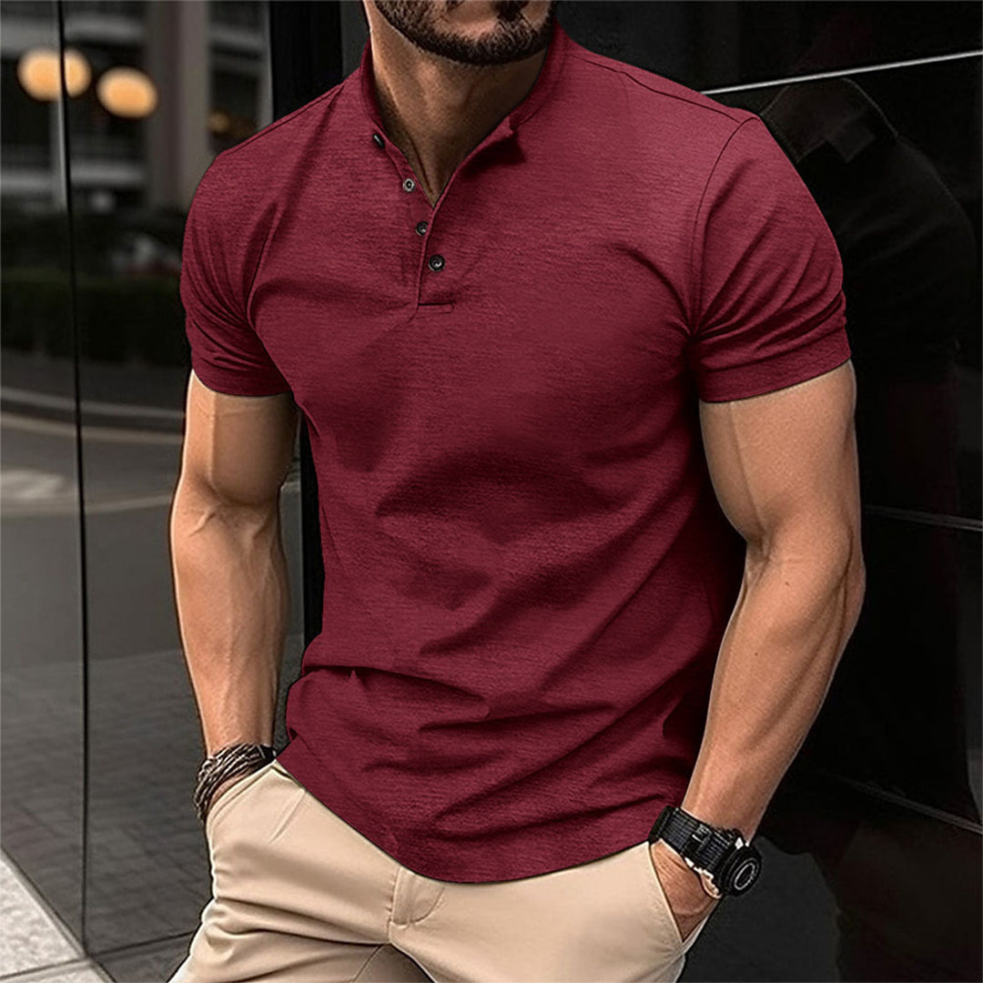 Versatile men's short sleeve slim fit polo shirt featuring a stylish button neck, great for tailored casual outfits.