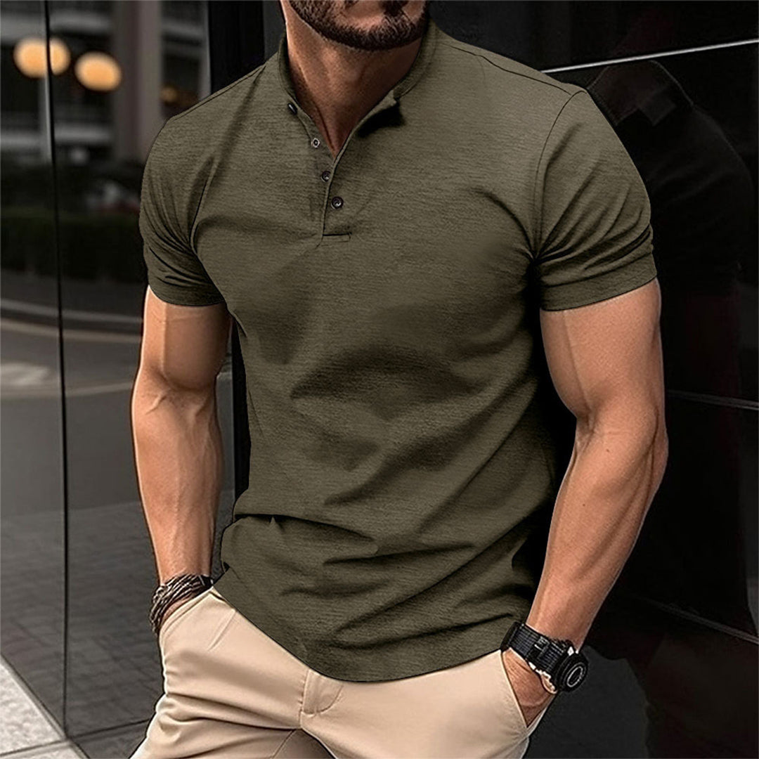 Tailored slim fit men's polo shirt with a sophisticated button neck for modern casual fashion.