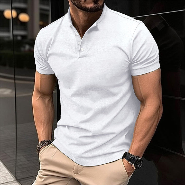 Men's slim fit button neck polo shirt in a tailored casual style, perfect for everyday wear.