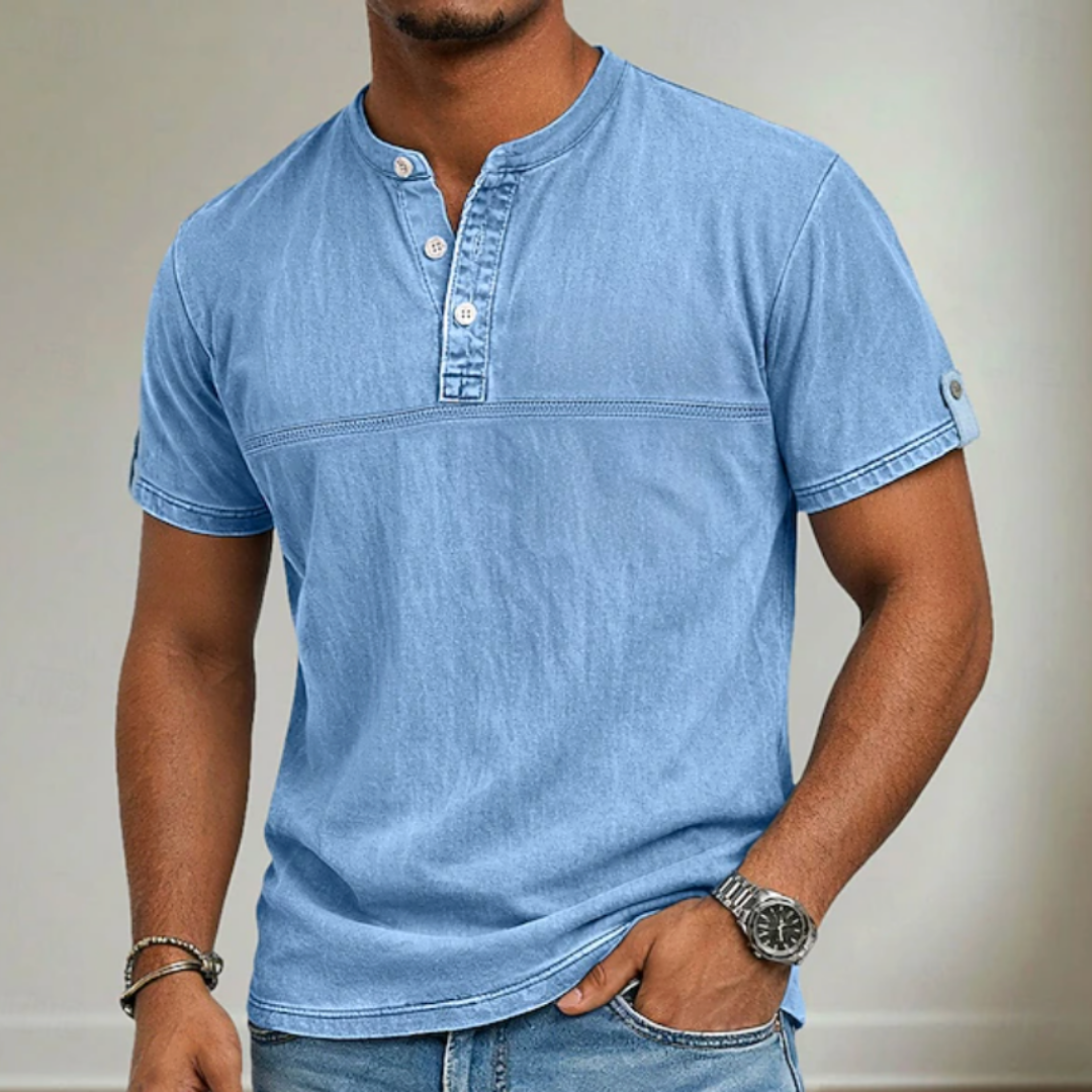 Comfortable men's short sleeve henley with a stylish stand collar for versatile everyday wear.