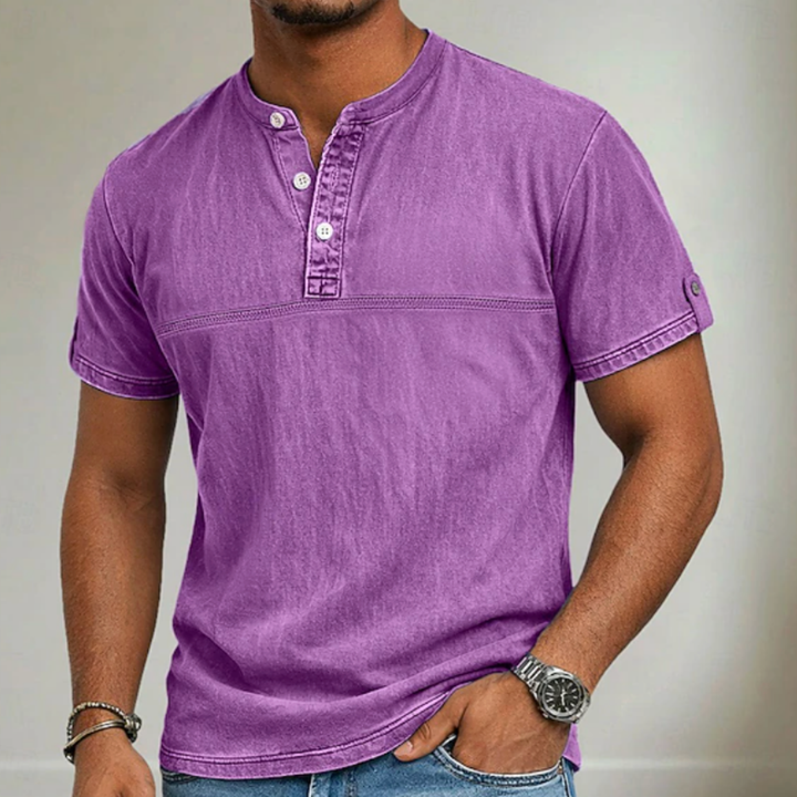 Smart casual men's henley shirt featuring a unique stand collar and short sleeves, ideal for summer.