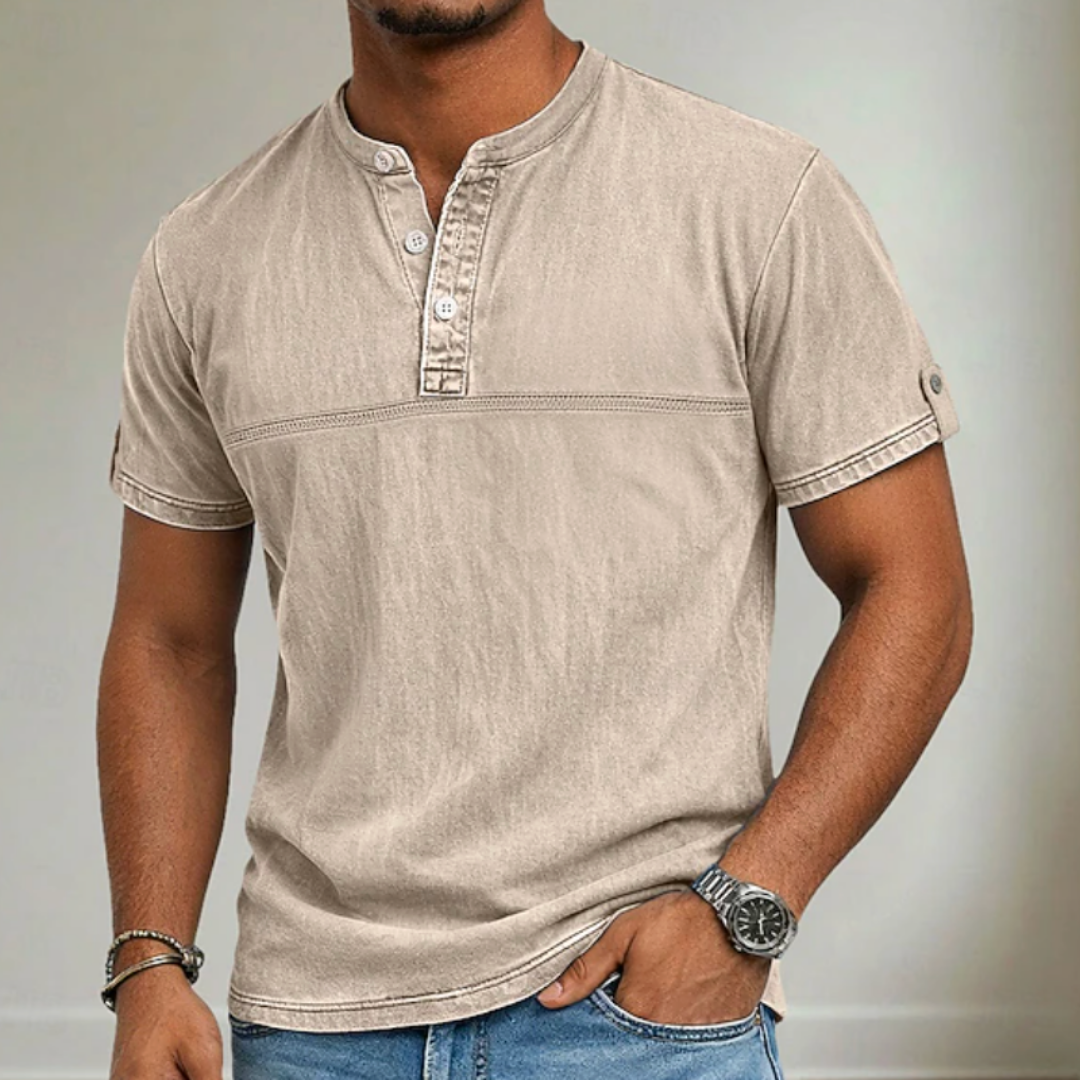 Men's fashion short sleeve henley, designed with a modern stand collar for a sophisticated summer look.