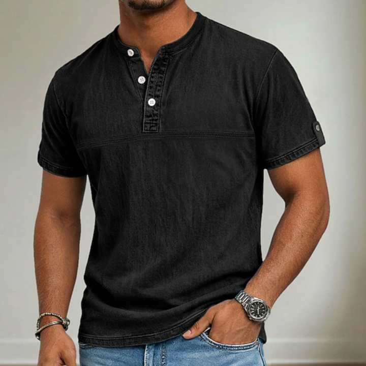 Polished men's stand collar henley shirt in a soft fabric, offering comfort and modern style for summer.