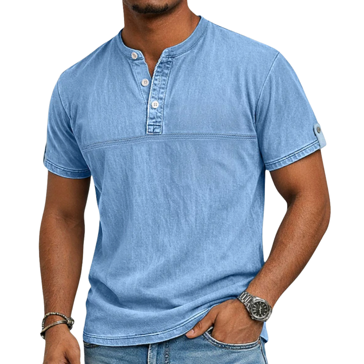 Men's modern stand collar short sleeve henley shirt, perfect for polished summer casual style.