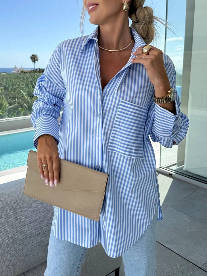 Women's elegant striped button-up blouse with long sleeves & shirt collar, perfect for casual or office wear.