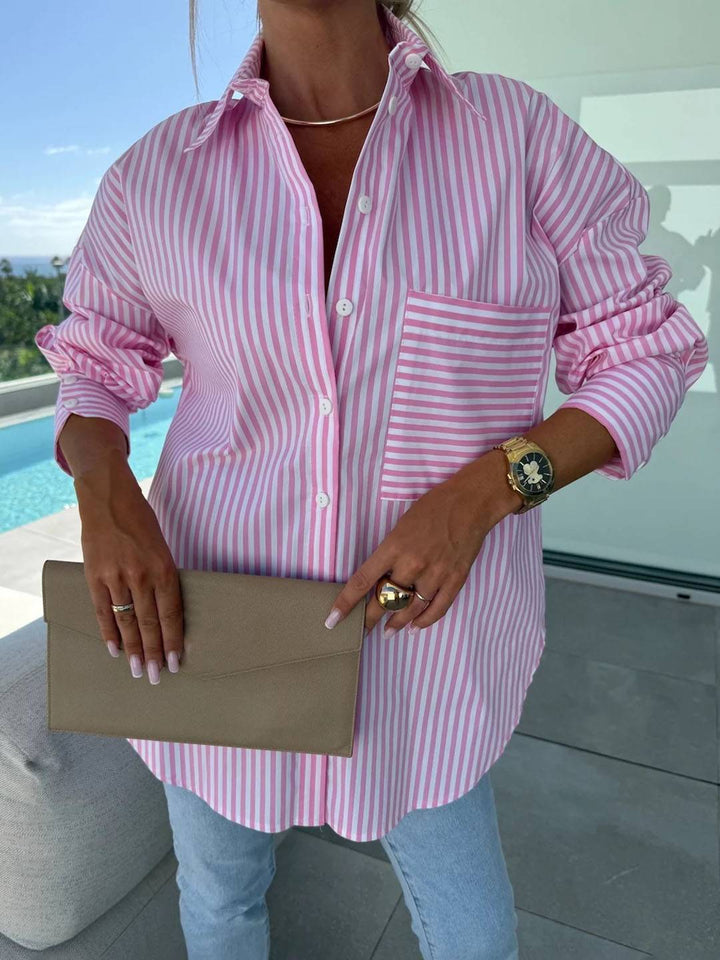 Casual women's long-sleeve striped shirt, a fashionable button-up top with a classic collar.