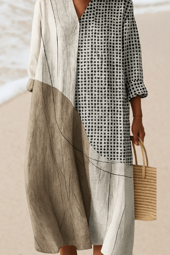 Women's Dune & Grid asymmetrical midi dress, geometric print, long sleeve, V-neck. Casual, comfortable, and stylish.