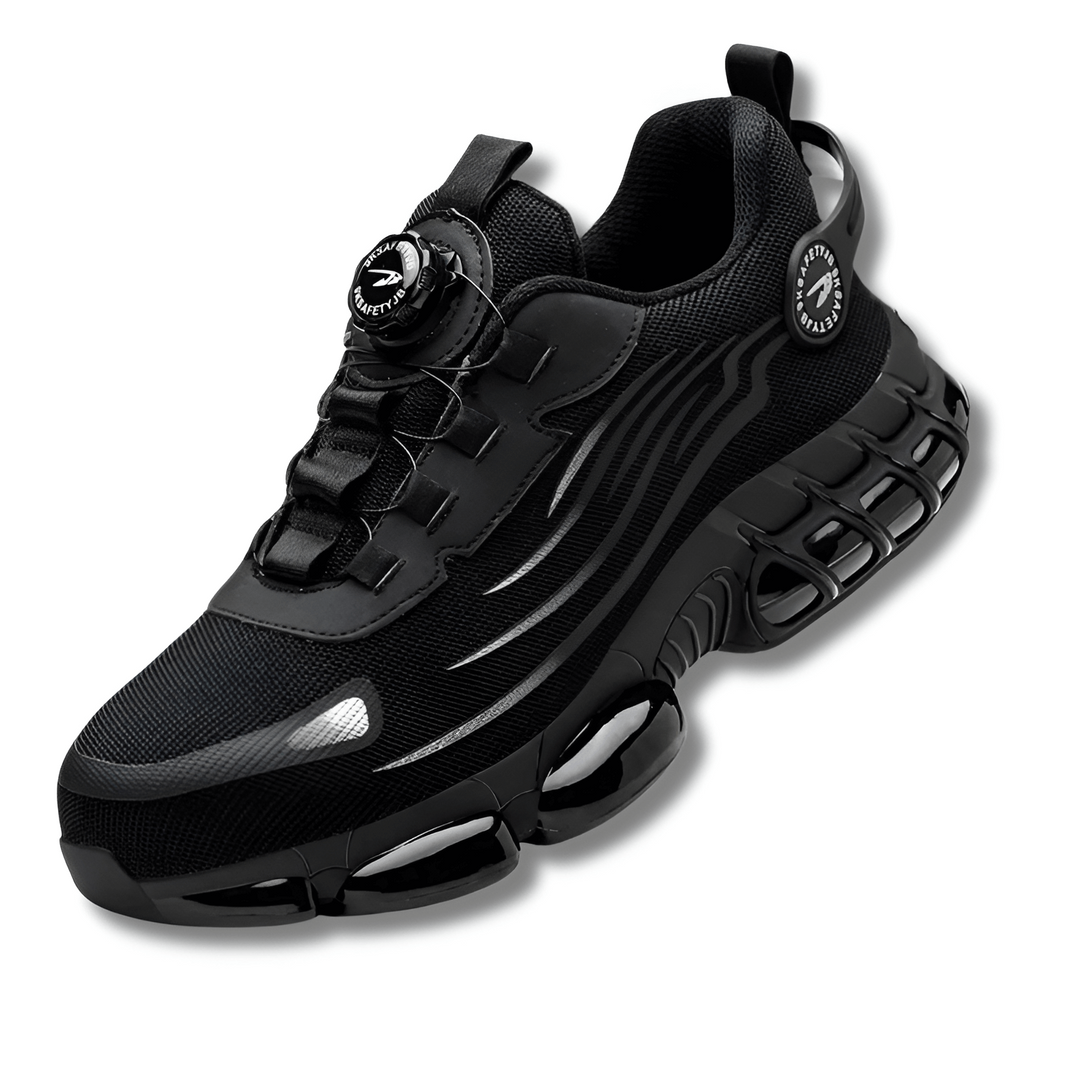 Lightweight men's safety trainers, slip-resistant with steel toe, offering comfort for long work shifts.