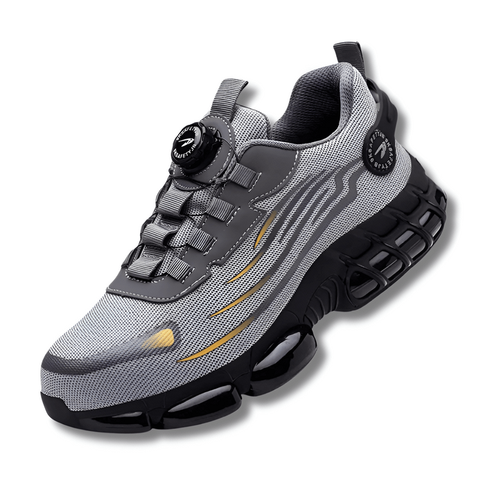 Close-up of men's steel toe safety trainers featuring innovative dial fastening for easy, precise adjustment.