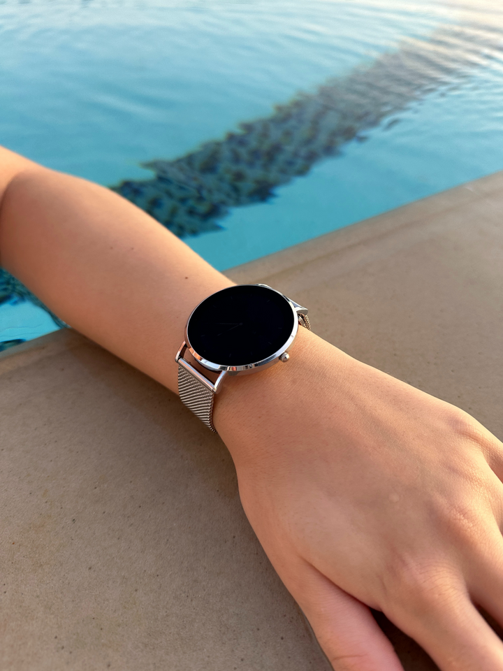 Side view of the ultra-slim Novaris smartwatch, emphasizing its sleek design & lightweight wearable tech.
