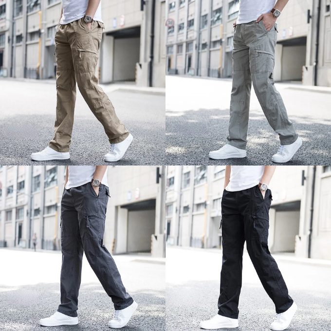 Stylish khaki men's cargo utility pants, relaxed fit and multi-pocket design for everyday comfort.