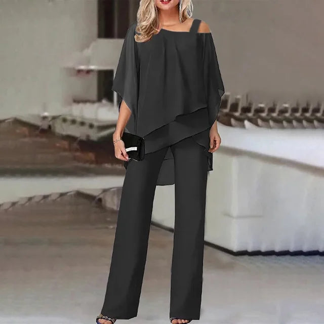 Elegant women's off-shoulder 2-piece jumpsuit set in flowing chiffon. Perfect for evening, party or formal wear.
