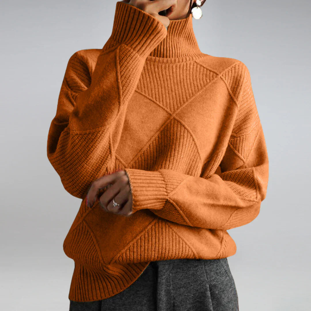 Women's elegant roll neck knit sweater, a comfortable long-sleeve pullover for winter style.