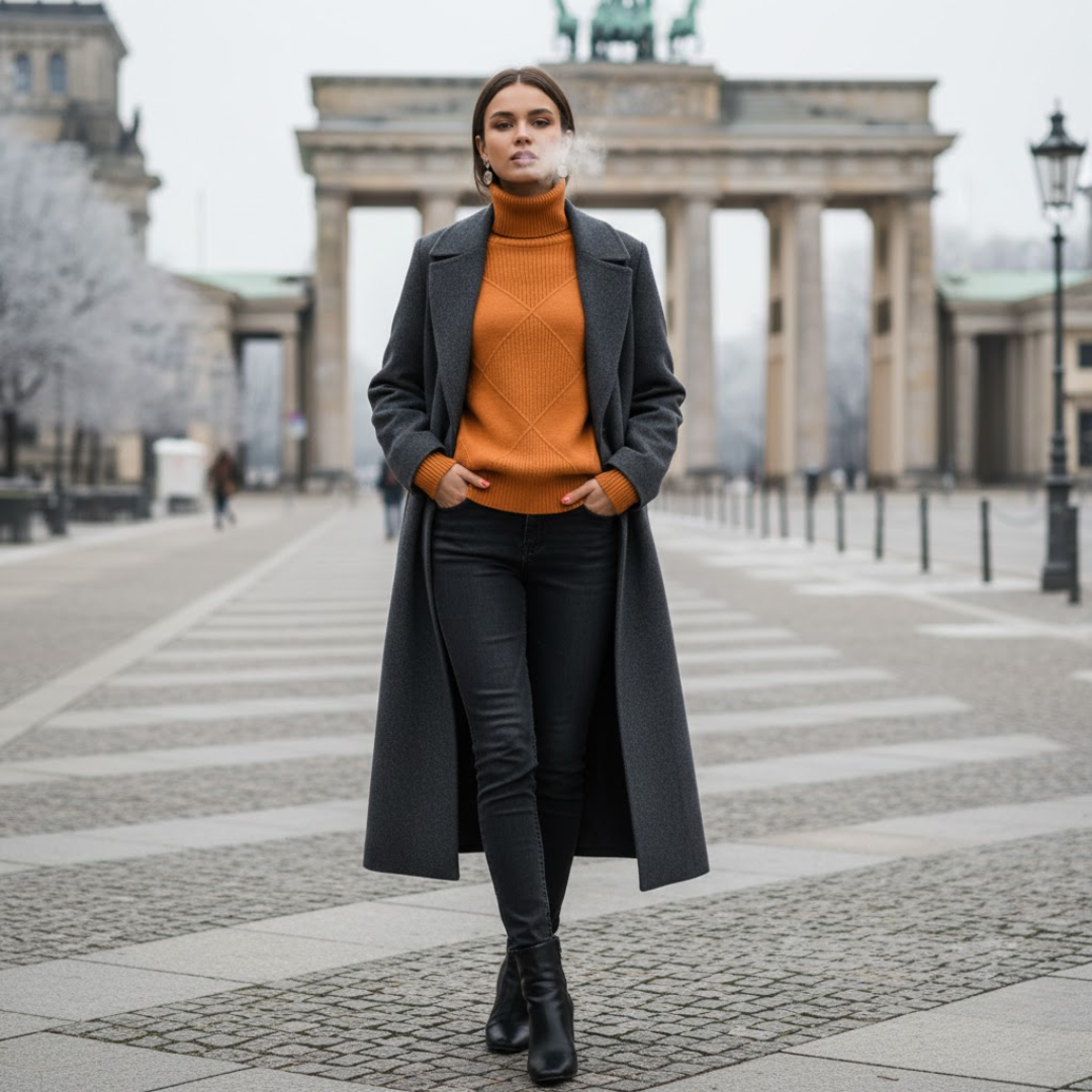 Women's elegant roll neck sweater in a cozy winter knit, perfect for classic cold-weather style.