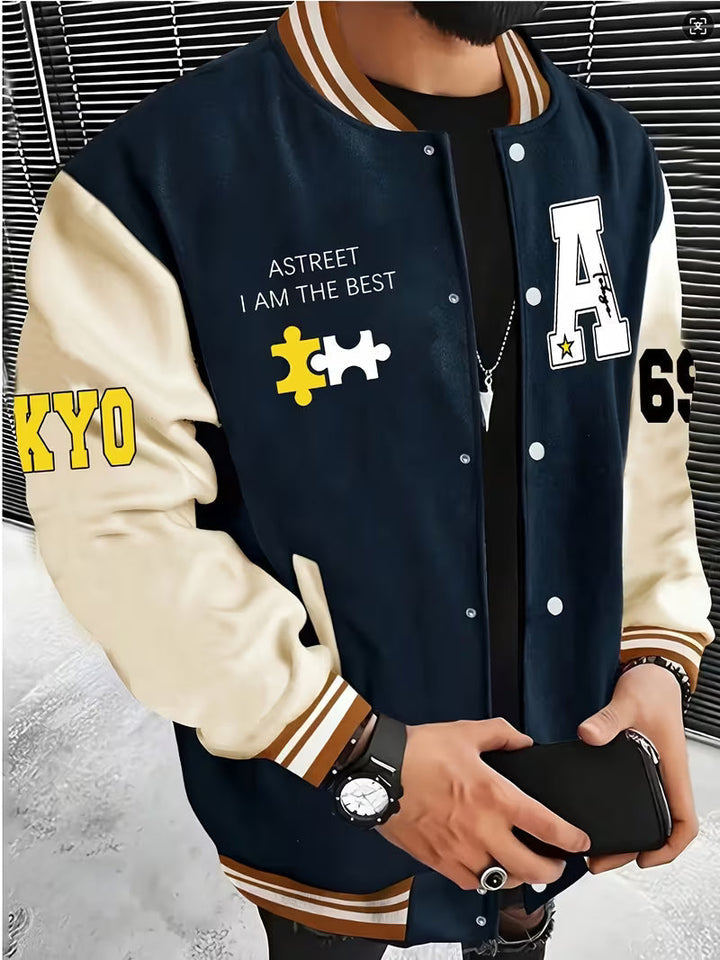 Sporty men's color block baseball jacket with zip closure. Lightweight casual outerwear, perfect for streetwear.