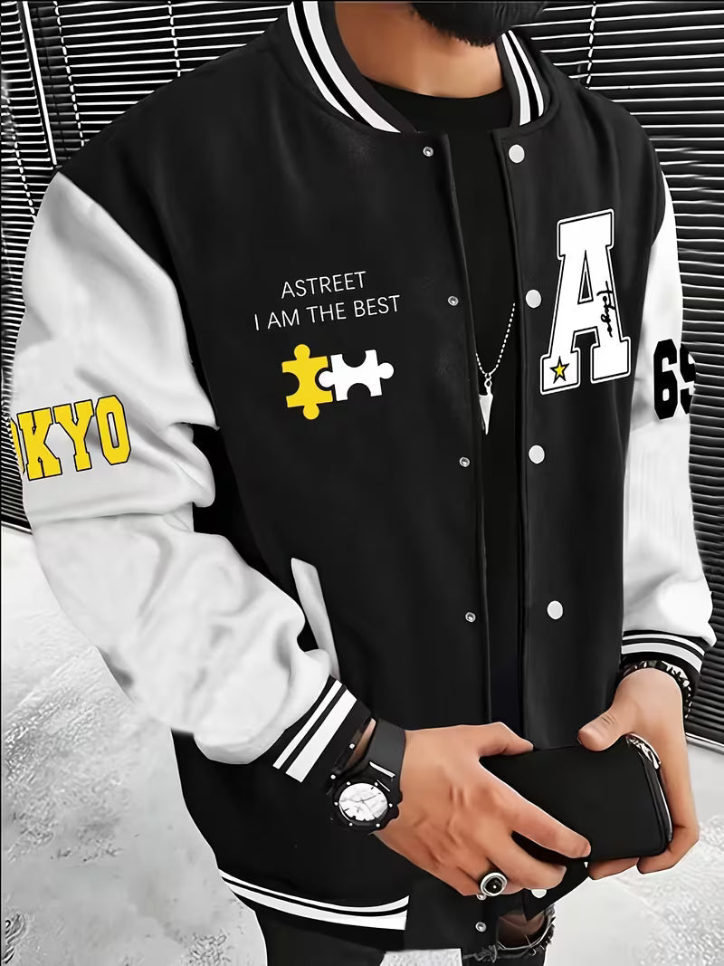 Men's color block baseball jacket. Casual zip-up lightweight outerwear for sporty autumn style.