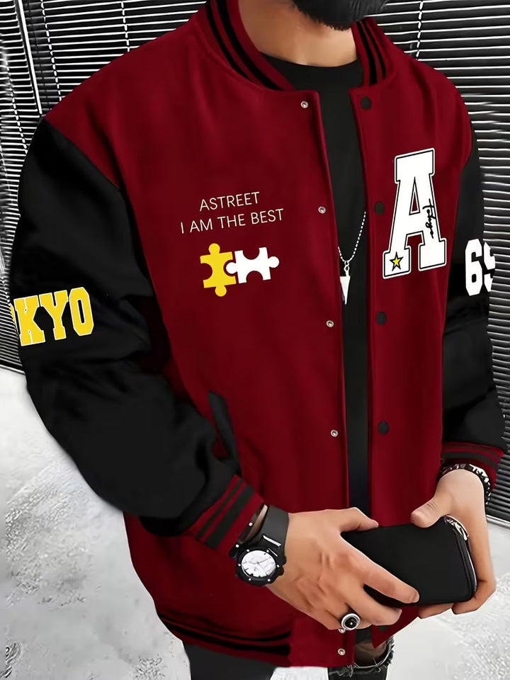 Autumn men's color block baseball jacket. Stylish lightweight zip-up outerwear for a casual, sporty look.
